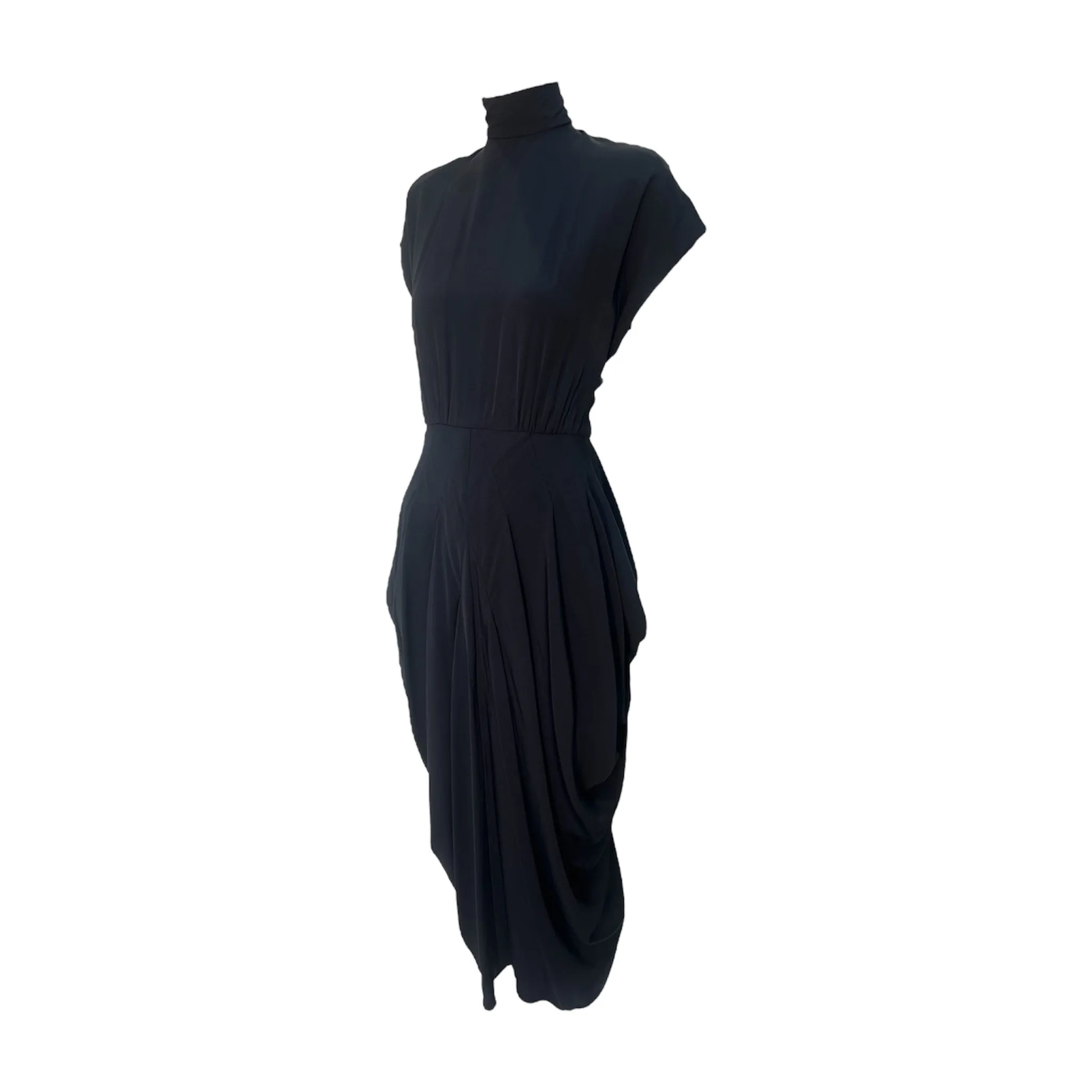 Nicole Miller 1980's Does 1940's Black Crepe Mock Neck Dress