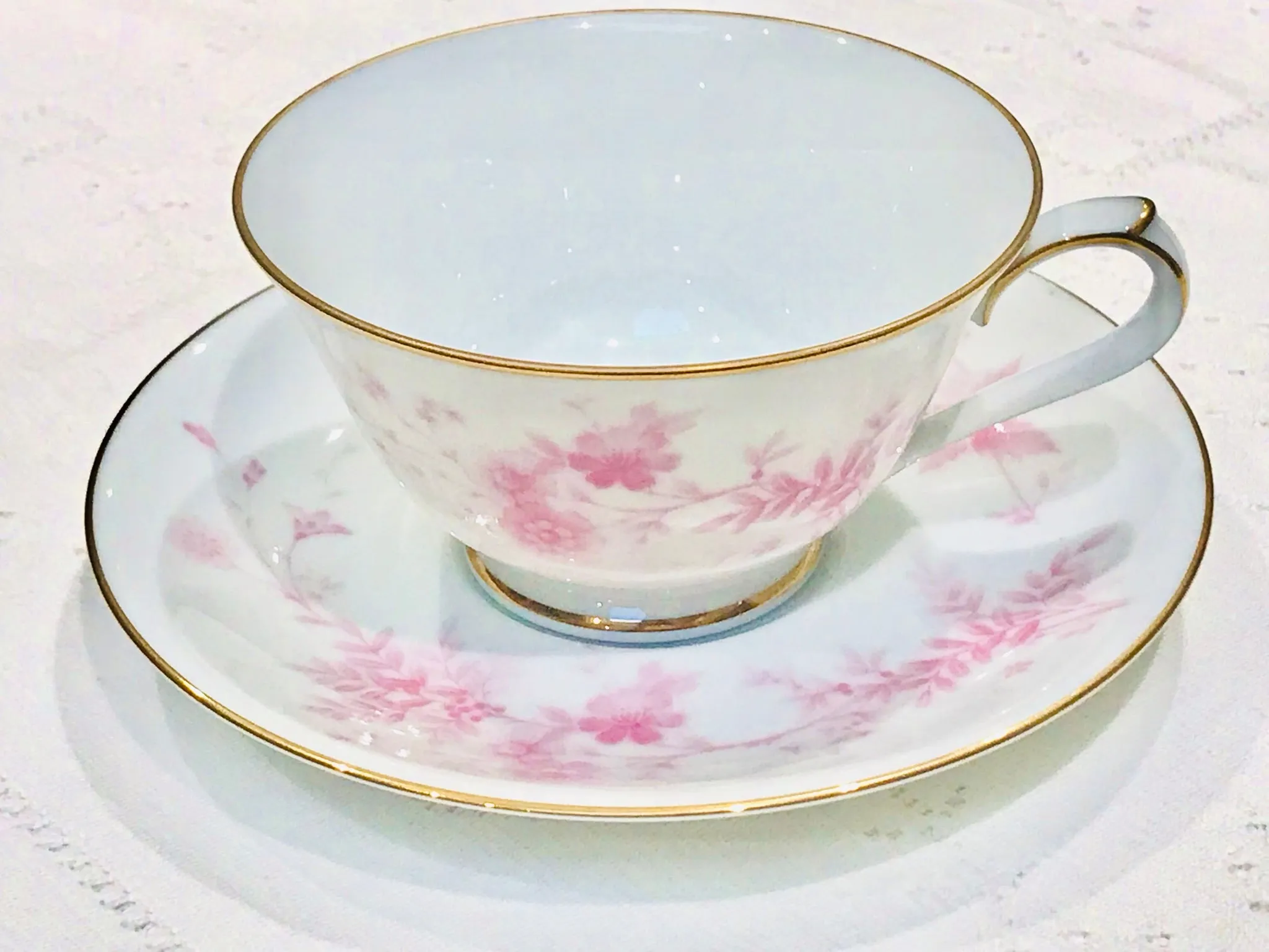 Noritake Pink Teacup & Saucer White & Pink fine bone china