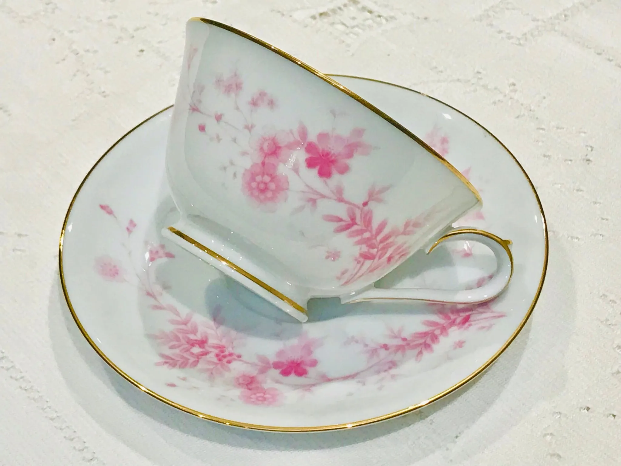 Noritake Pink Teacup & Saucer White & Pink fine bone china