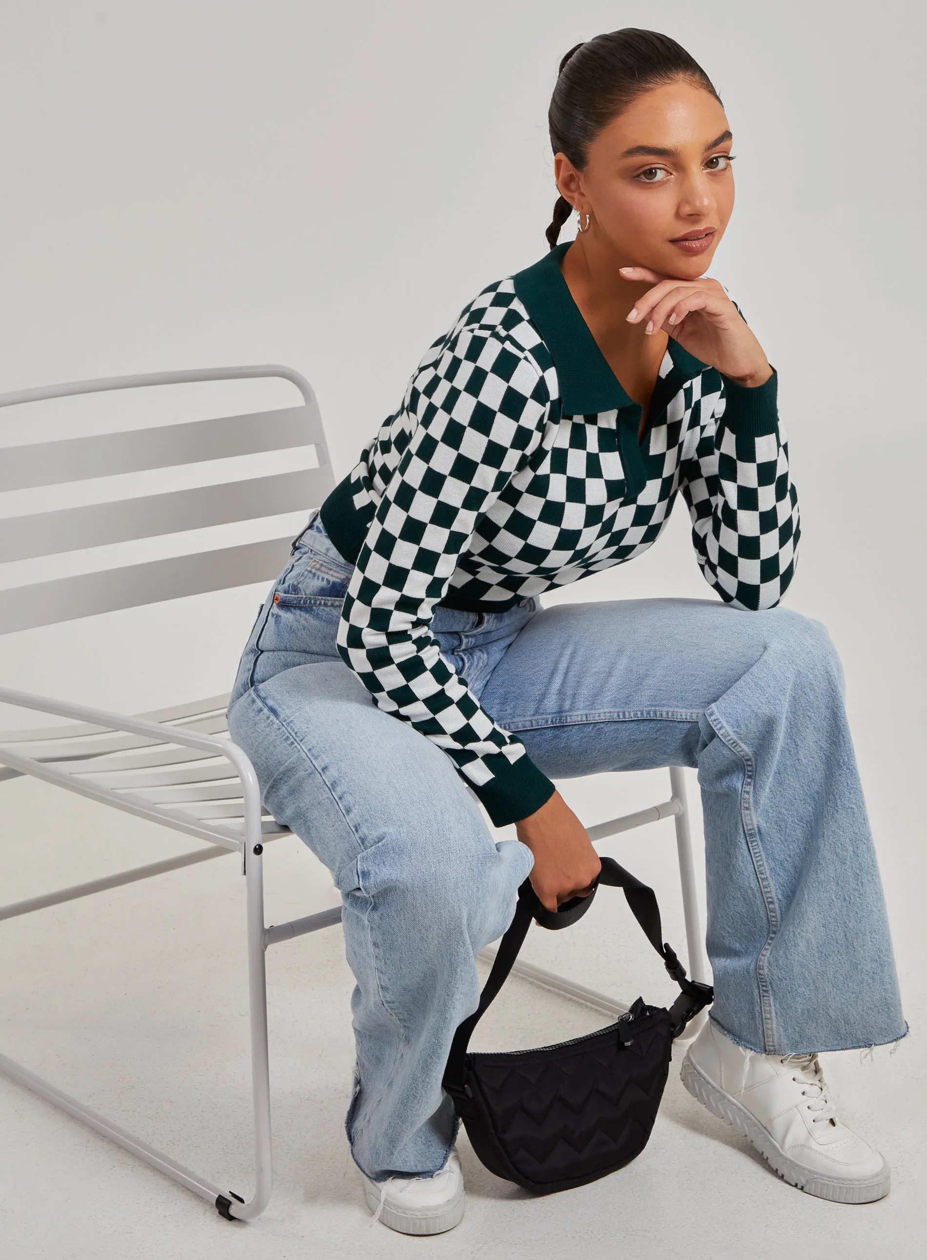 Notch Collar Checkered Top