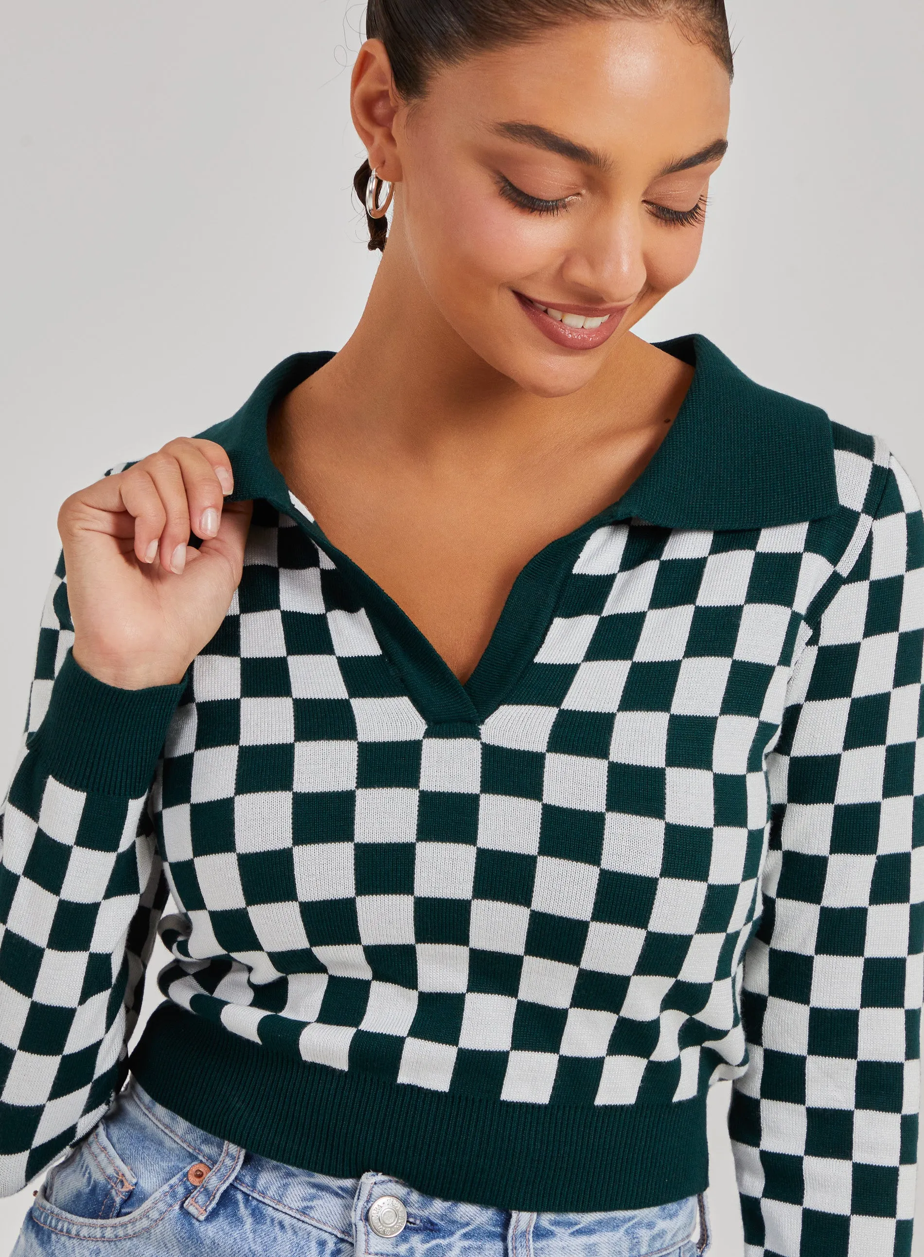 Notch Collar Checkered Top