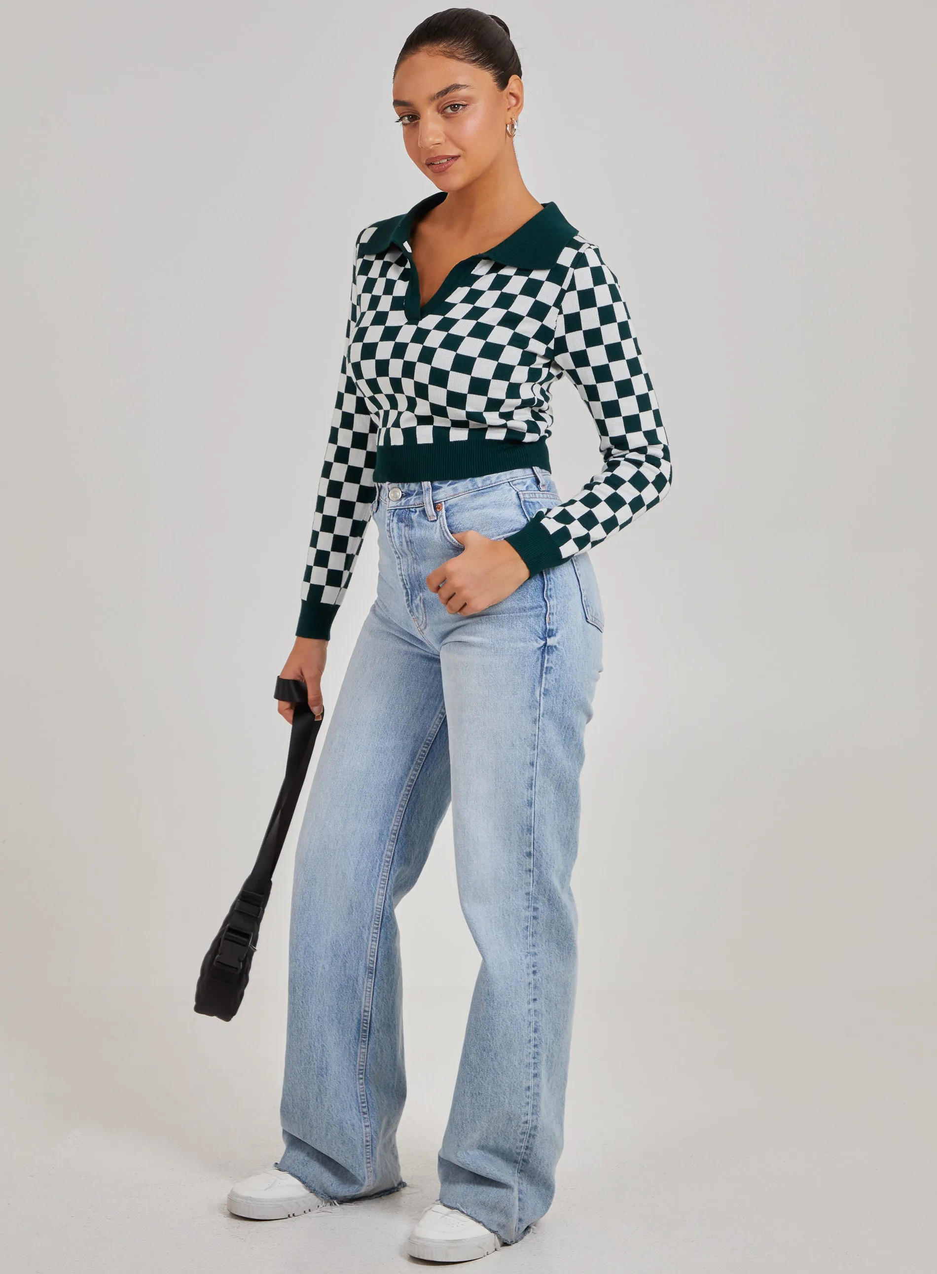 Notch Collar Checkered Top