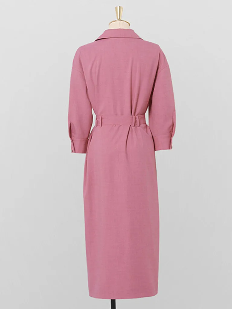 Nude Pink Turndown Collar Half Sleeve 1940S Vintage Dress With Pockets