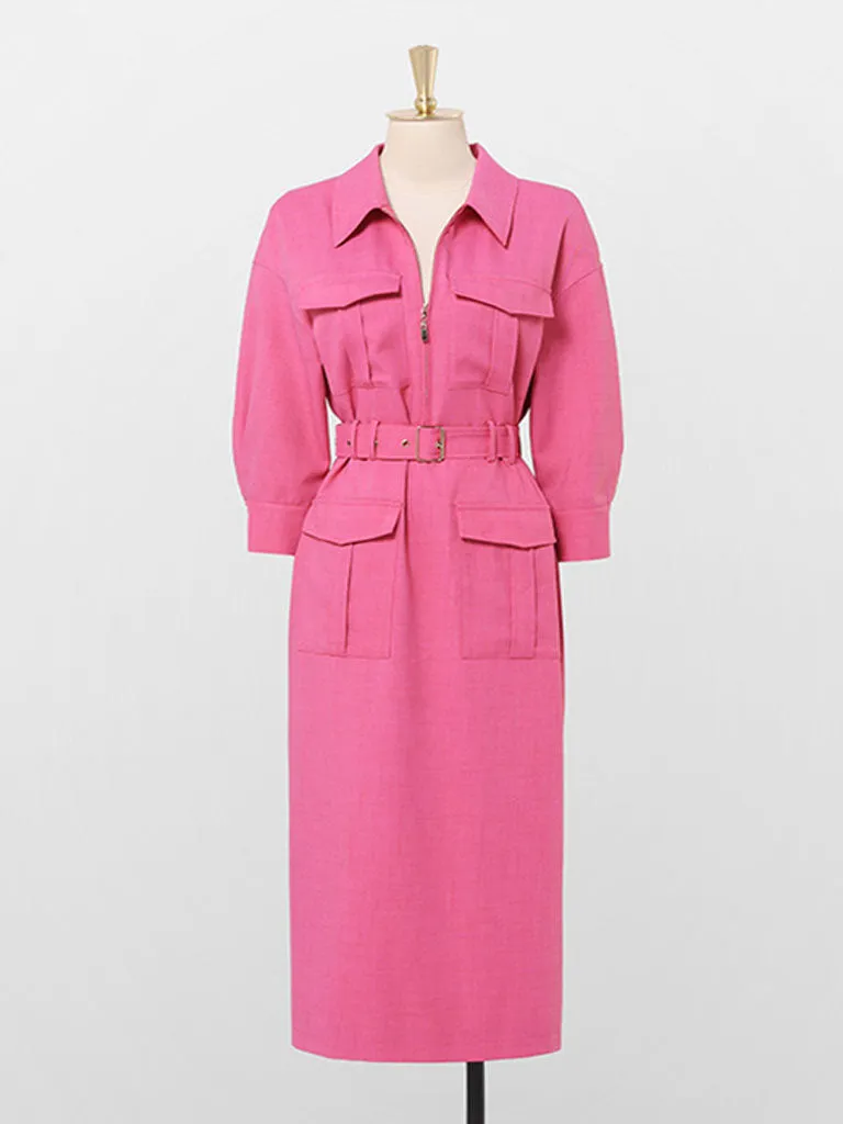 Nude Pink Turndown Collar Half Sleeve 1940S Vintage Dress With Pockets