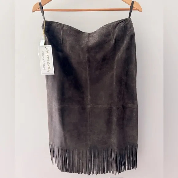 NWT Vintage MARGARET GODFREY Brown Washable Leather Suede Fringe Midi Skirt 10