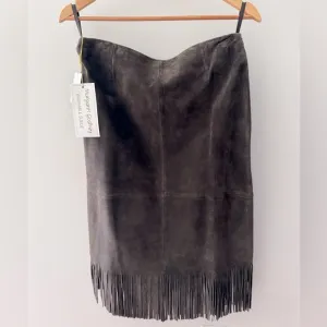 NWT Vintage MARGARET GODFREY Brown Washable Leather Suede Fringe Midi Skirt 10