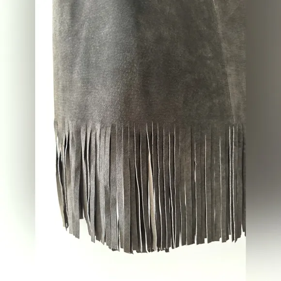 NWT Vintage MARGARET GODFREY Brown Washable Leather Suede Fringe Midi Skirt 10