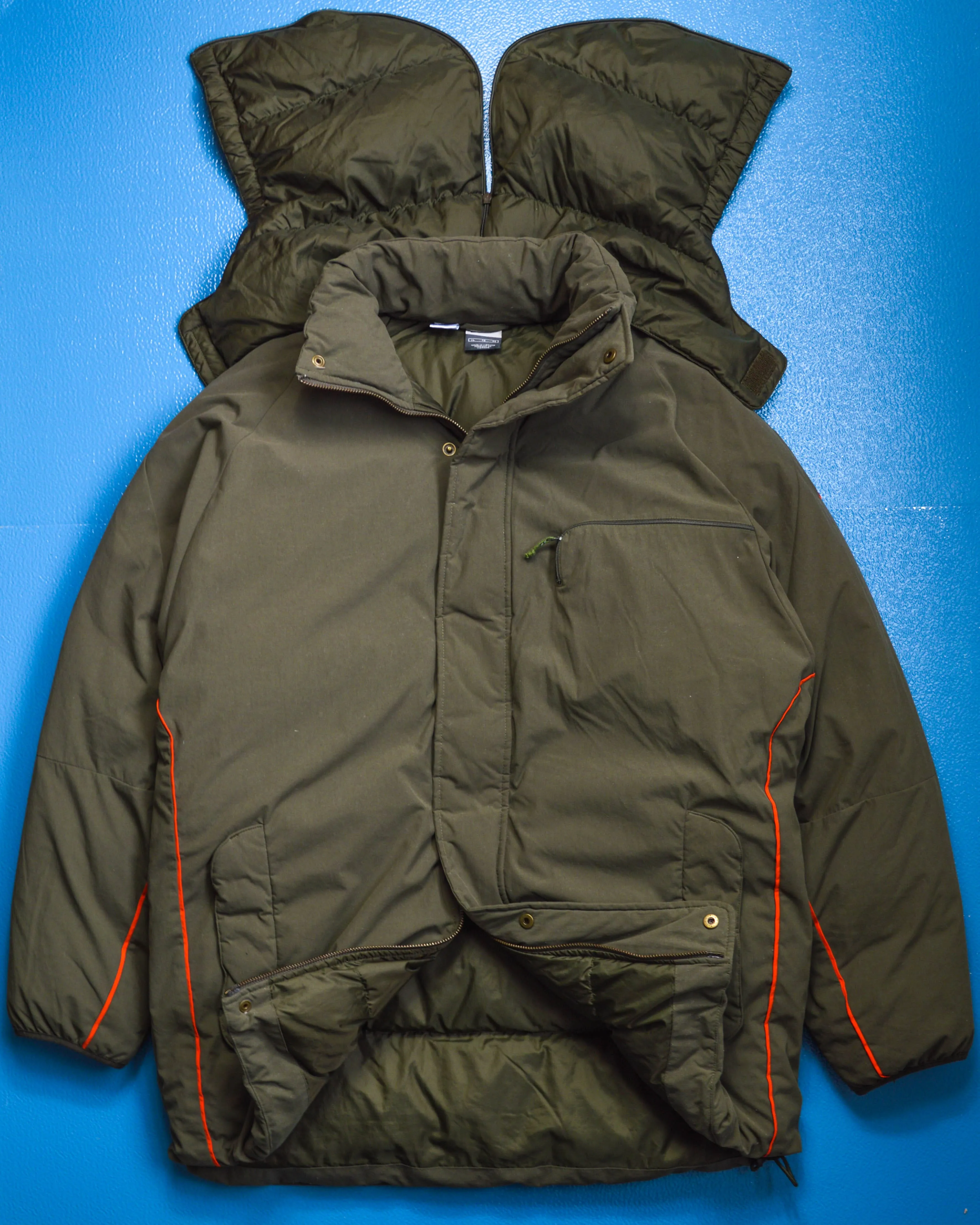 Olive Military Style Minimal Down Split Hood Parka Jacket (XL)