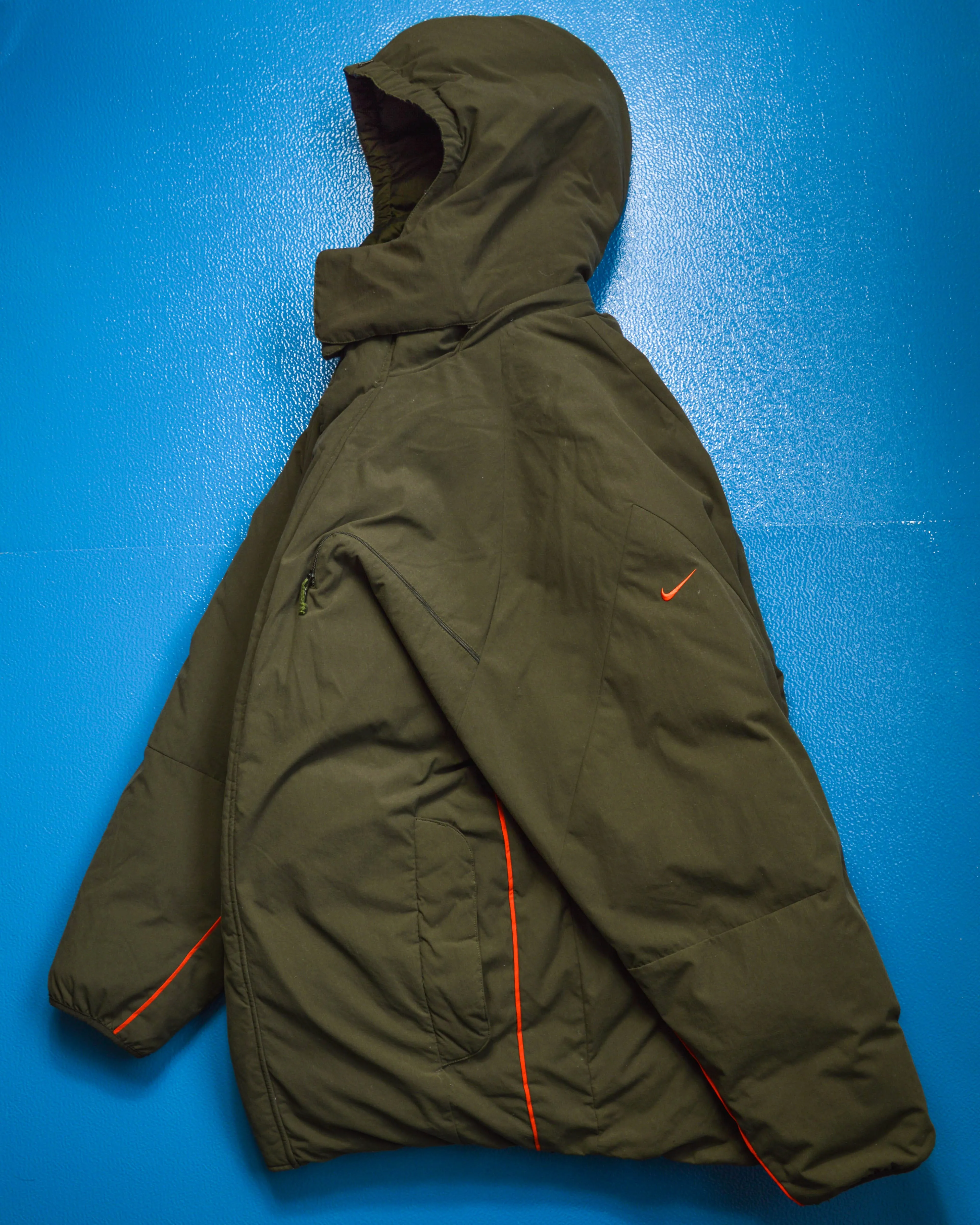 Olive Military Style Minimal Down Split Hood Parka Jacket (XL)