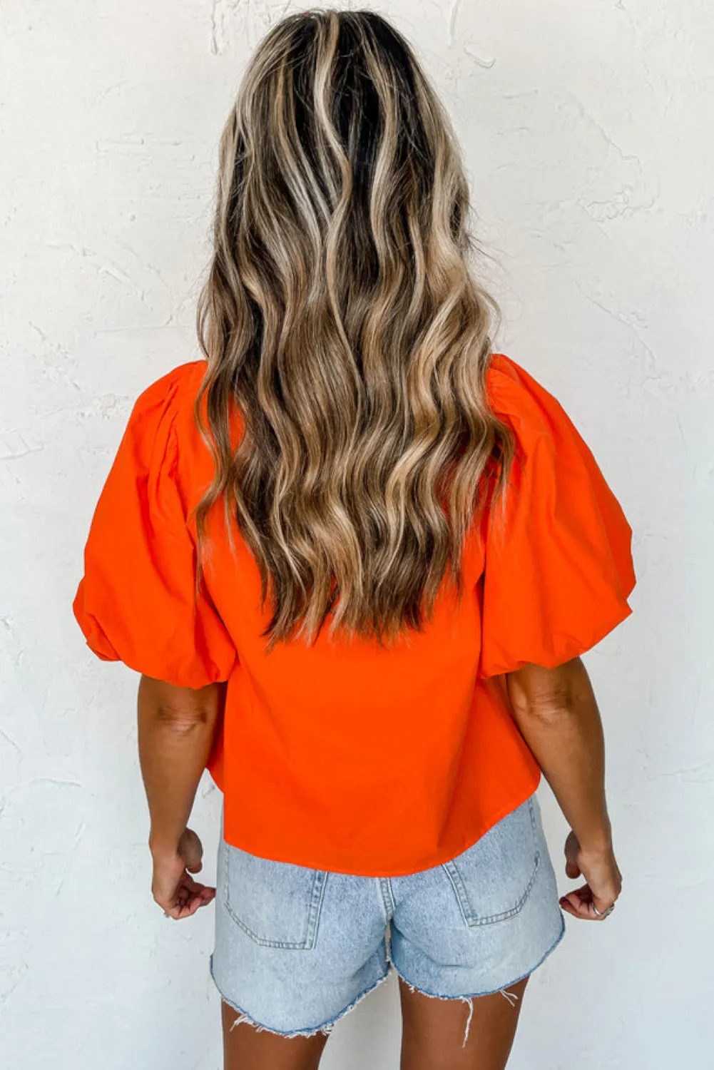 Orange Hollowed Lace Splicing Puff Sleeve Blouse