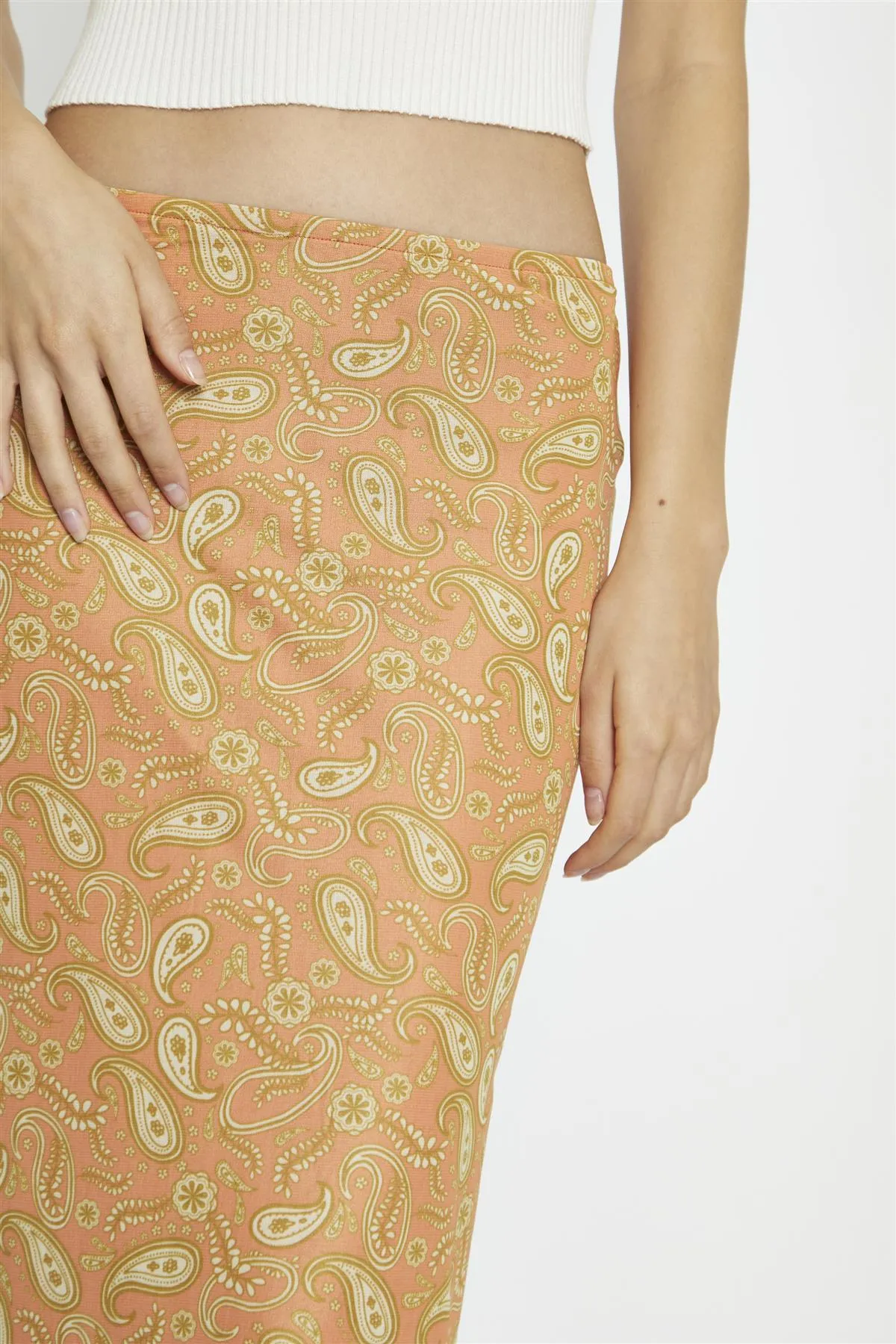 Orange Olive Paisley Mesh Low-Rise Midi-Skirt