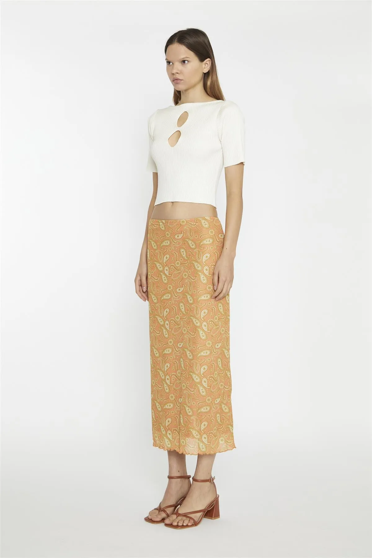Orange Olive Paisley Mesh Low-Rise Midi-Skirt