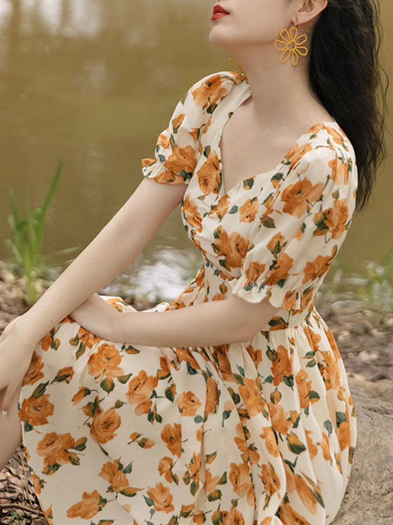 Orange Rose Sweet Heart Collar Puff Sleeve 1950S Vintage Dress