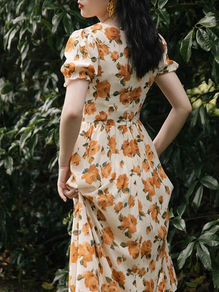 Orange Rose Sweet Heart Collar Puff Sleeve 1950S Vintage Dress