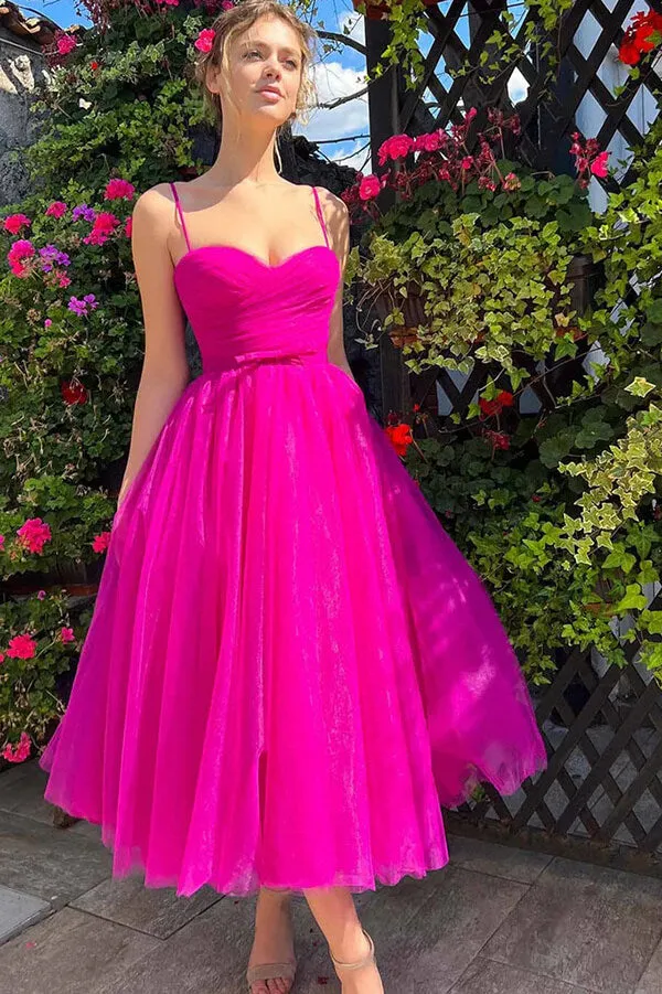 Organza A-line Sweetheart Pleated Tea Length Homecoming Dresses, MH633