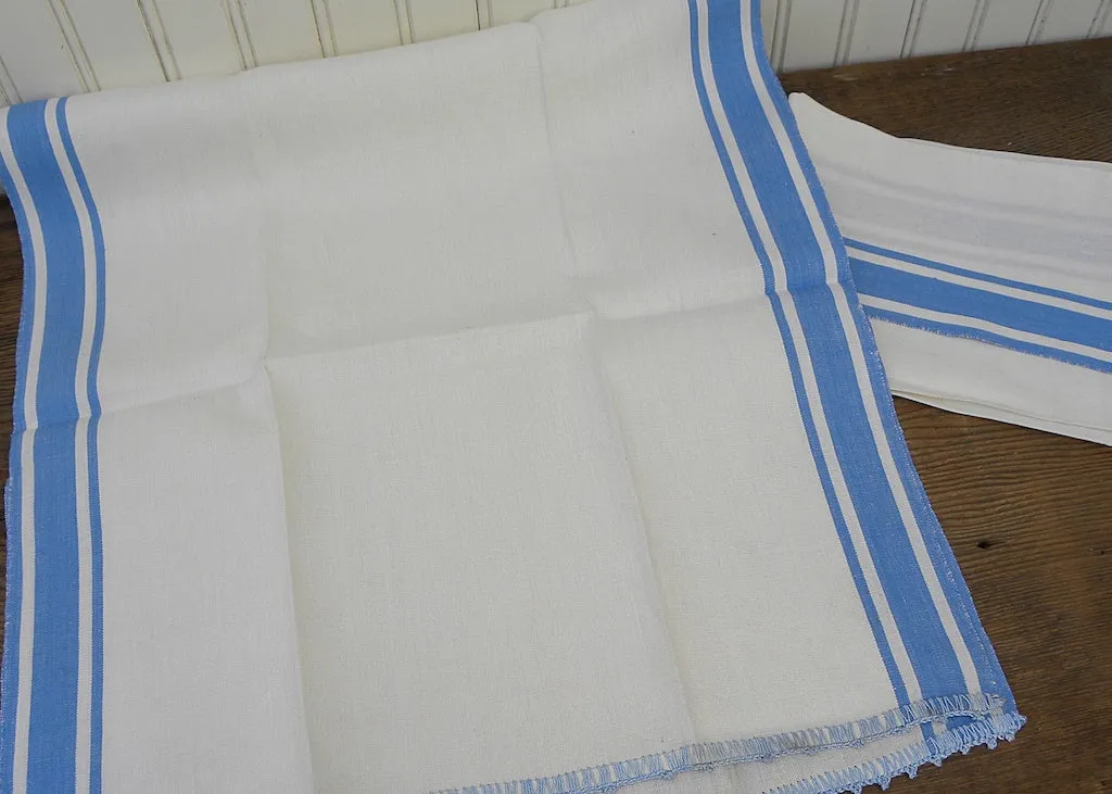 Pair of Unused Vintage Linen Blue Striped Crocheted Trim Tea Towels