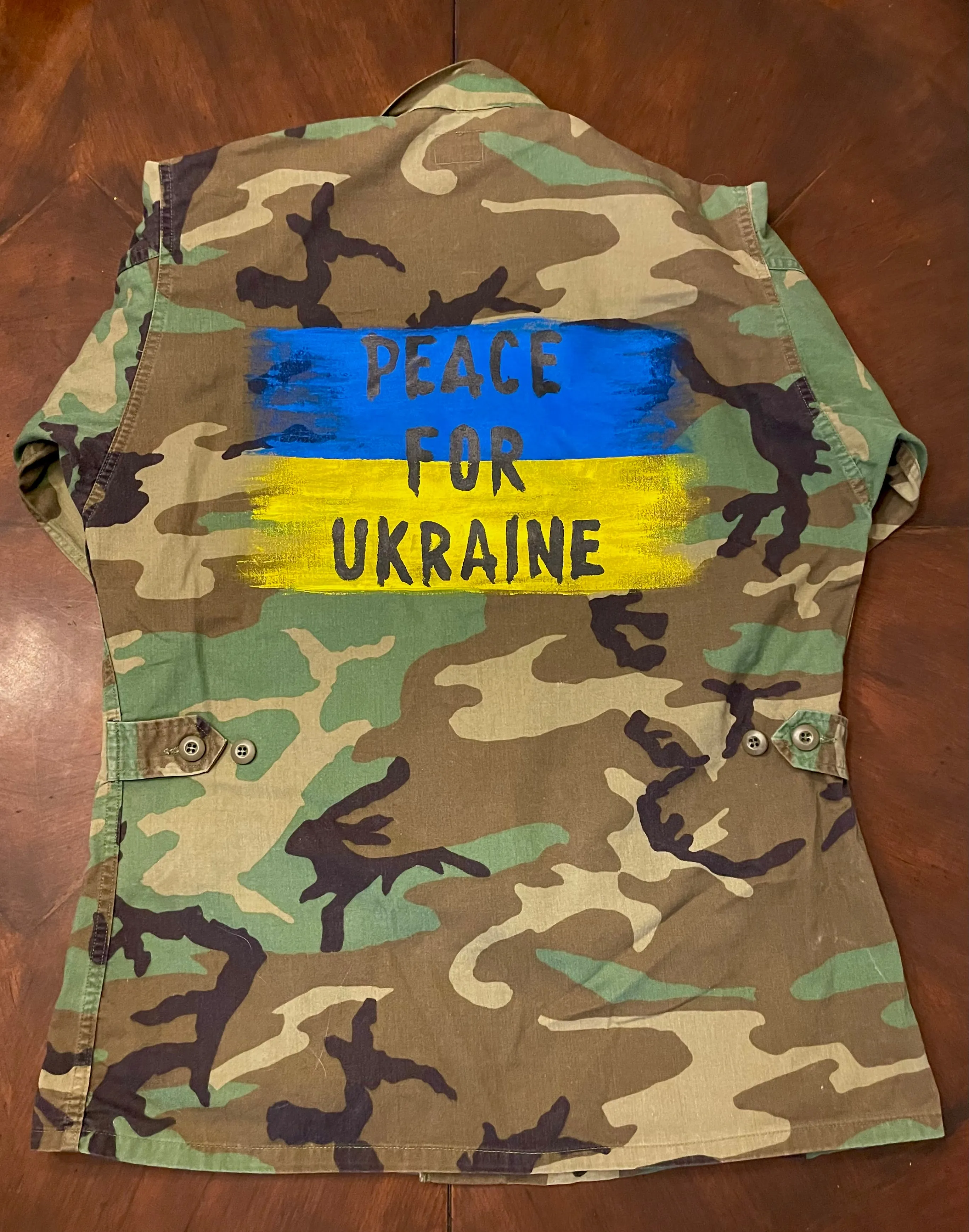PEACE FOR UKRAINE artwork Hand-Painted on Camo Military Jacket