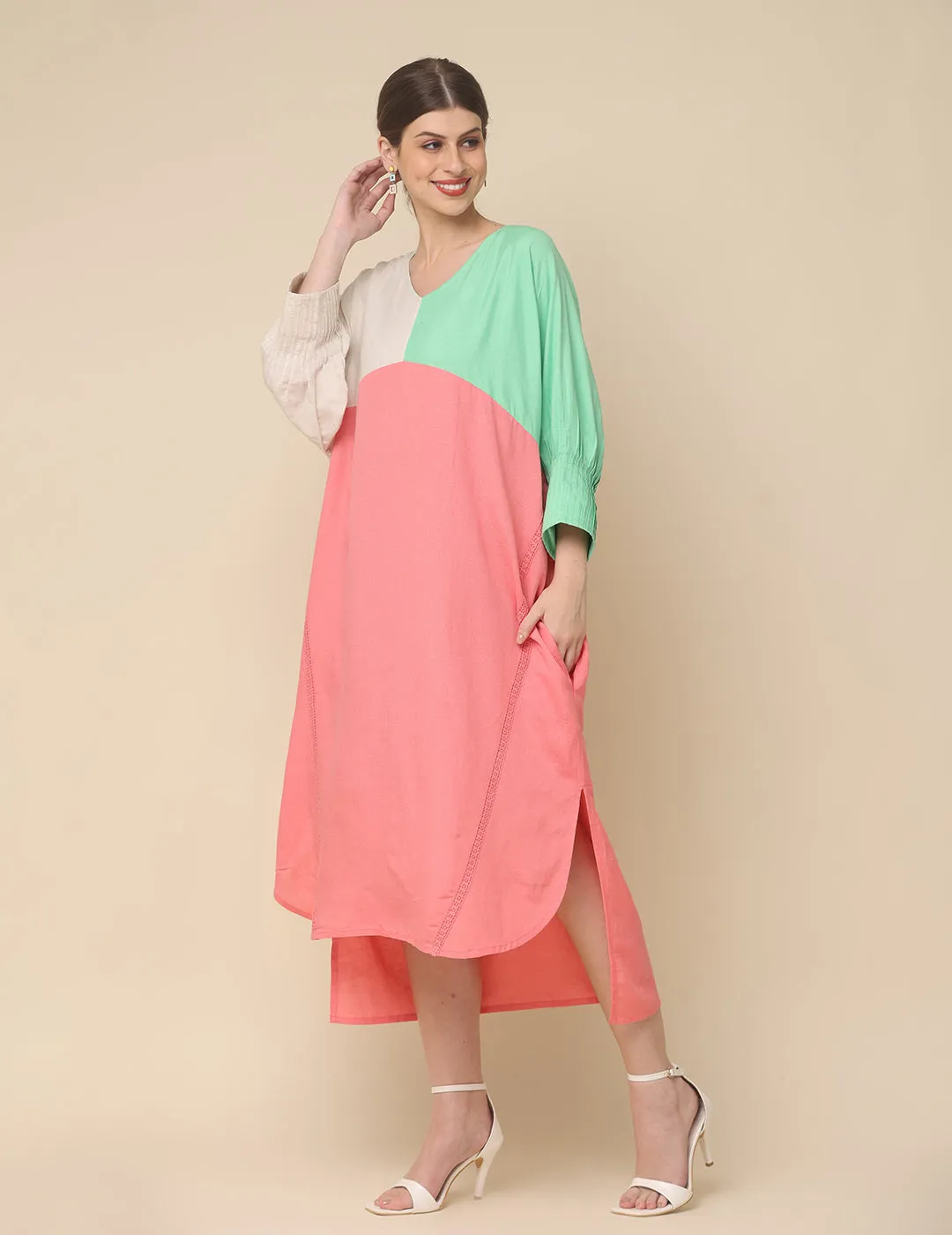 Peach Cotton Rulex Asymmetrical Midi Dress
