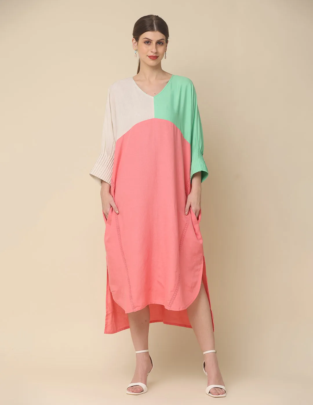 Peach Cotton Rulex Asymmetrical Midi Dress
