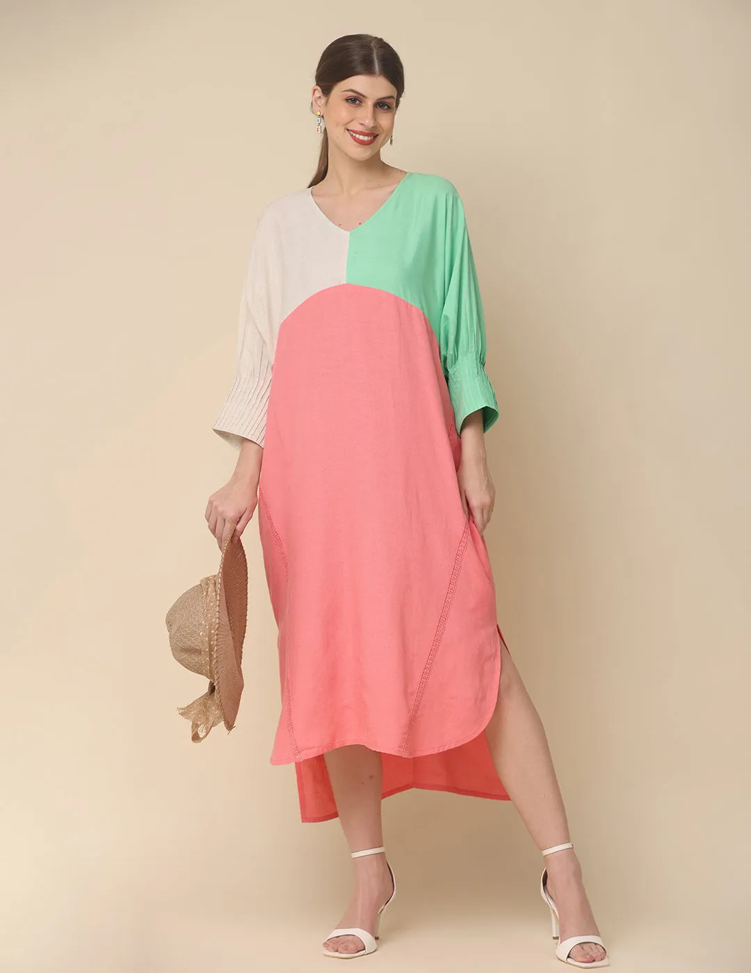 Peach Cotton Rulex Asymmetrical Midi Dress