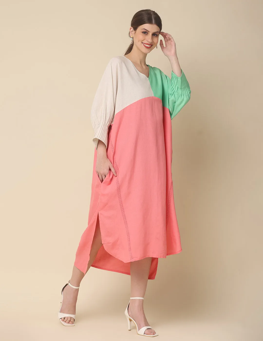 Peach Cotton Rulex Asymmetrical Midi Dress
