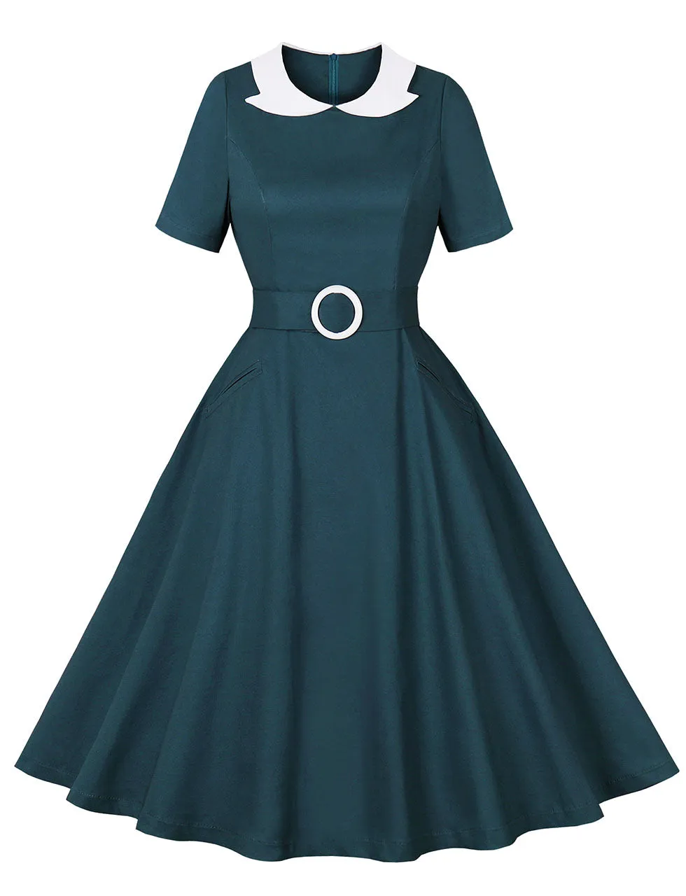 Peacock Blue Peter Pan Collar 1950s Vintage Swing Dress With Belt