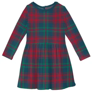 Peacock Plaid Long Sleeve Twirl Dress with Pockets Kickee Pants  - Holiday