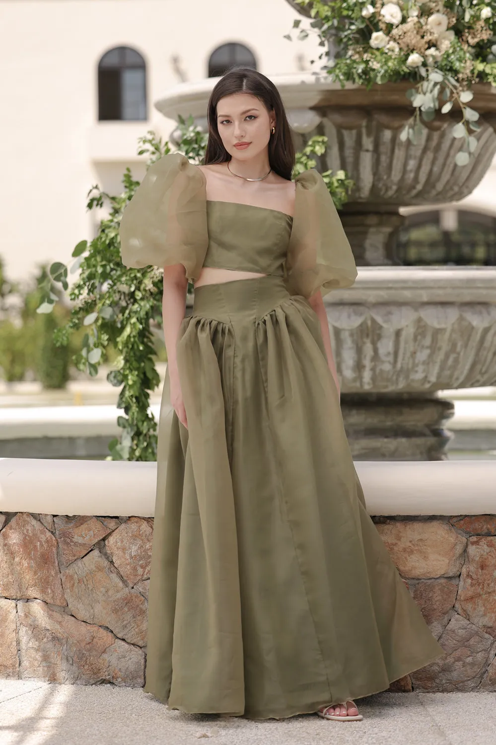 PERLITA SET Puff Sleeve Top with Baroque Style High Waist Maxi Skirt  (Olive Matte Organdy)