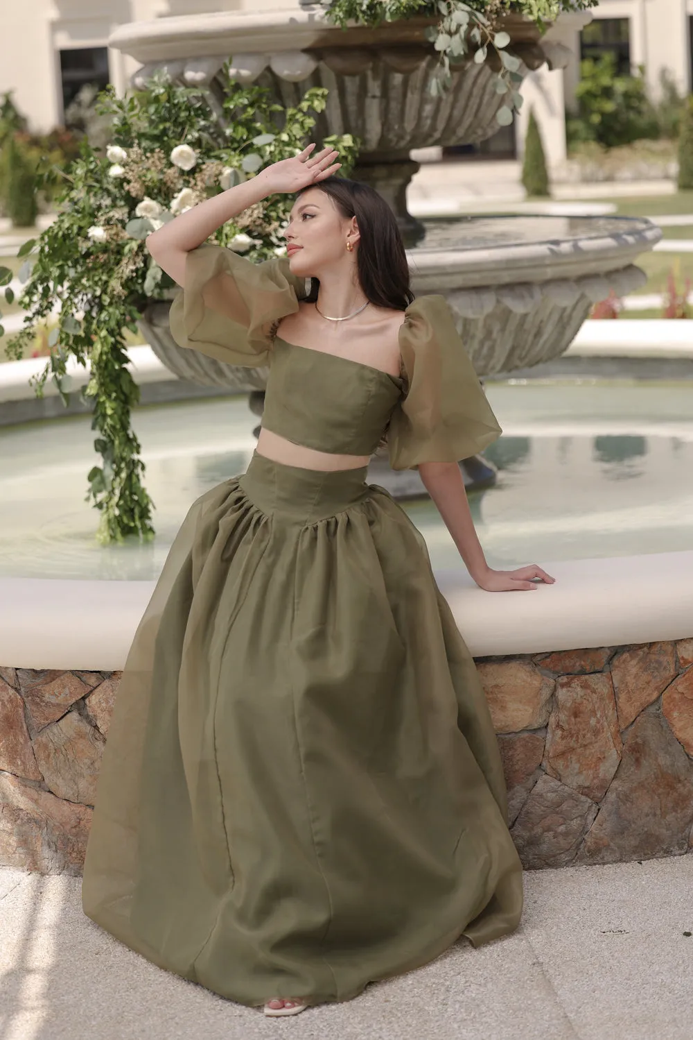 PERLITA SET Puff Sleeve Top with Baroque Style High Waist Maxi Skirt  (Olive Matte Organdy)