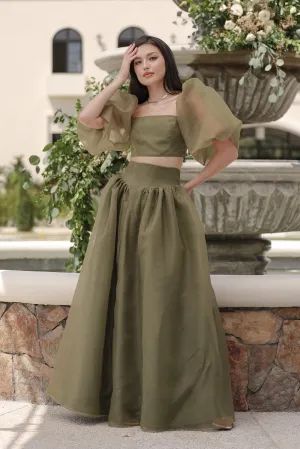 PERLITA SET Puff Sleeve Top with Baroque Style High Waist Maxi Skirt  (Olive Matte Organdy)