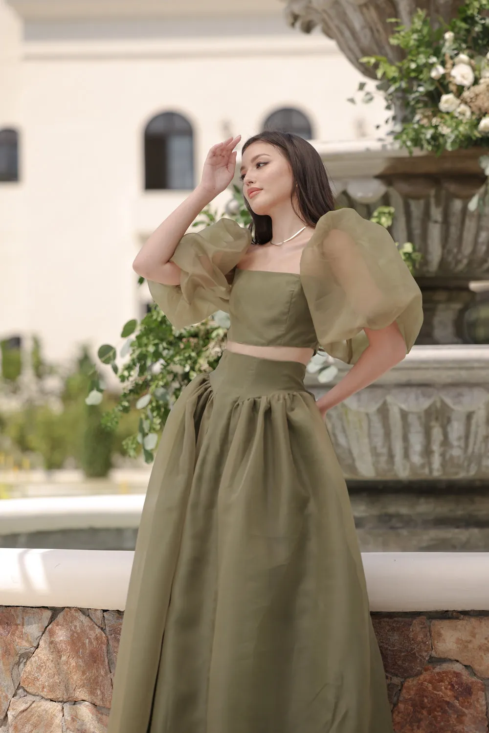 PERLITA SET Puff Sleeve Top with Baroque Style High Waist Maxi Skirt  (Olive Matte Organdy)