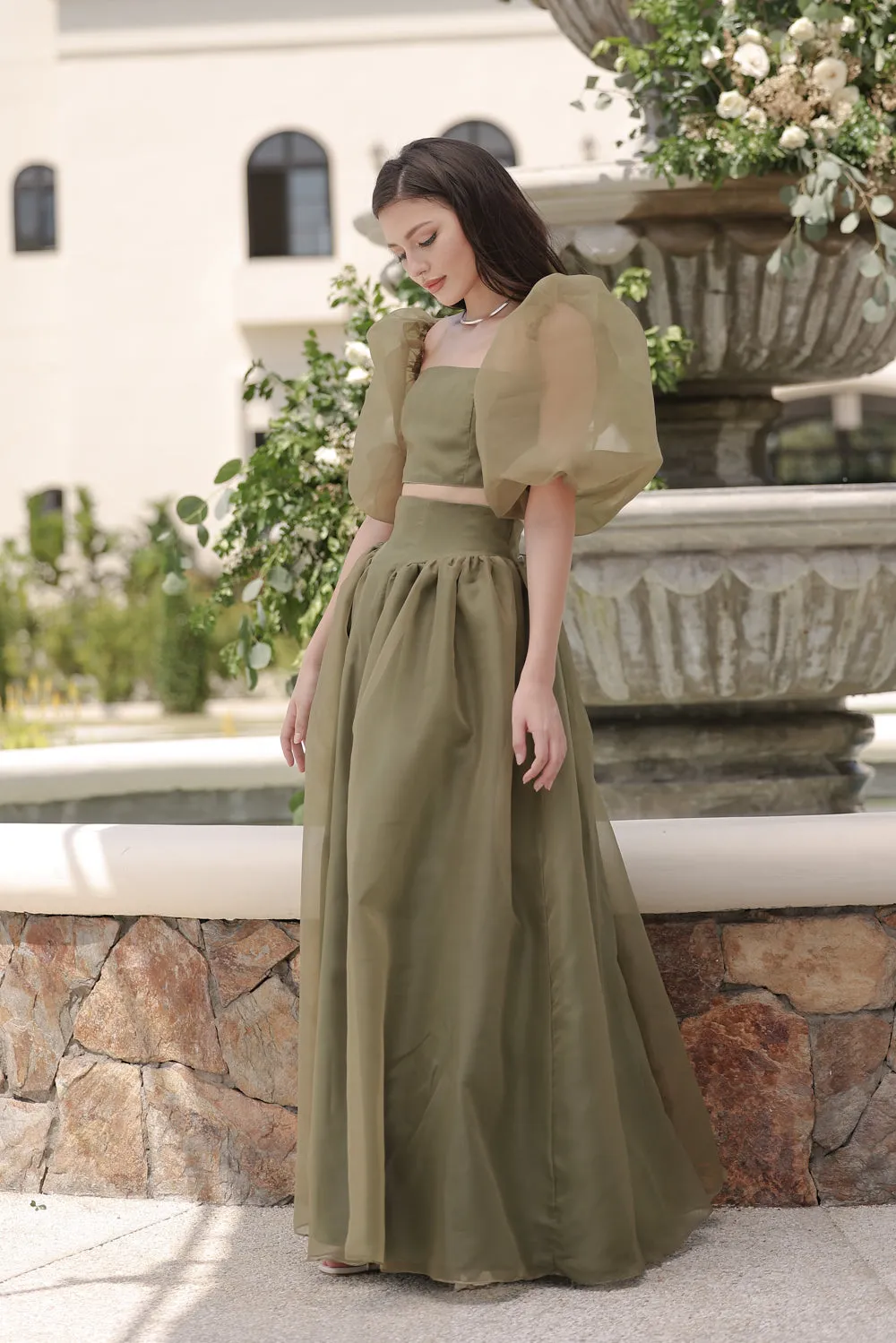 PERLITA SET Puff Sleeve Top with Baroque Style High Waist Maxi Skirt  (Olive Matte Organdy)