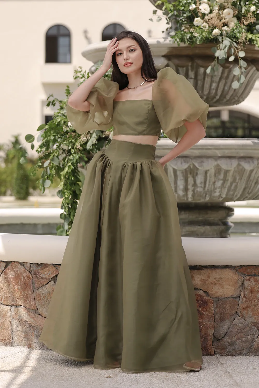 PERLITA SET Puff Sleeve Top with Baroque Style High Waist Maxi Skirt  (Olive Matte Organdy)