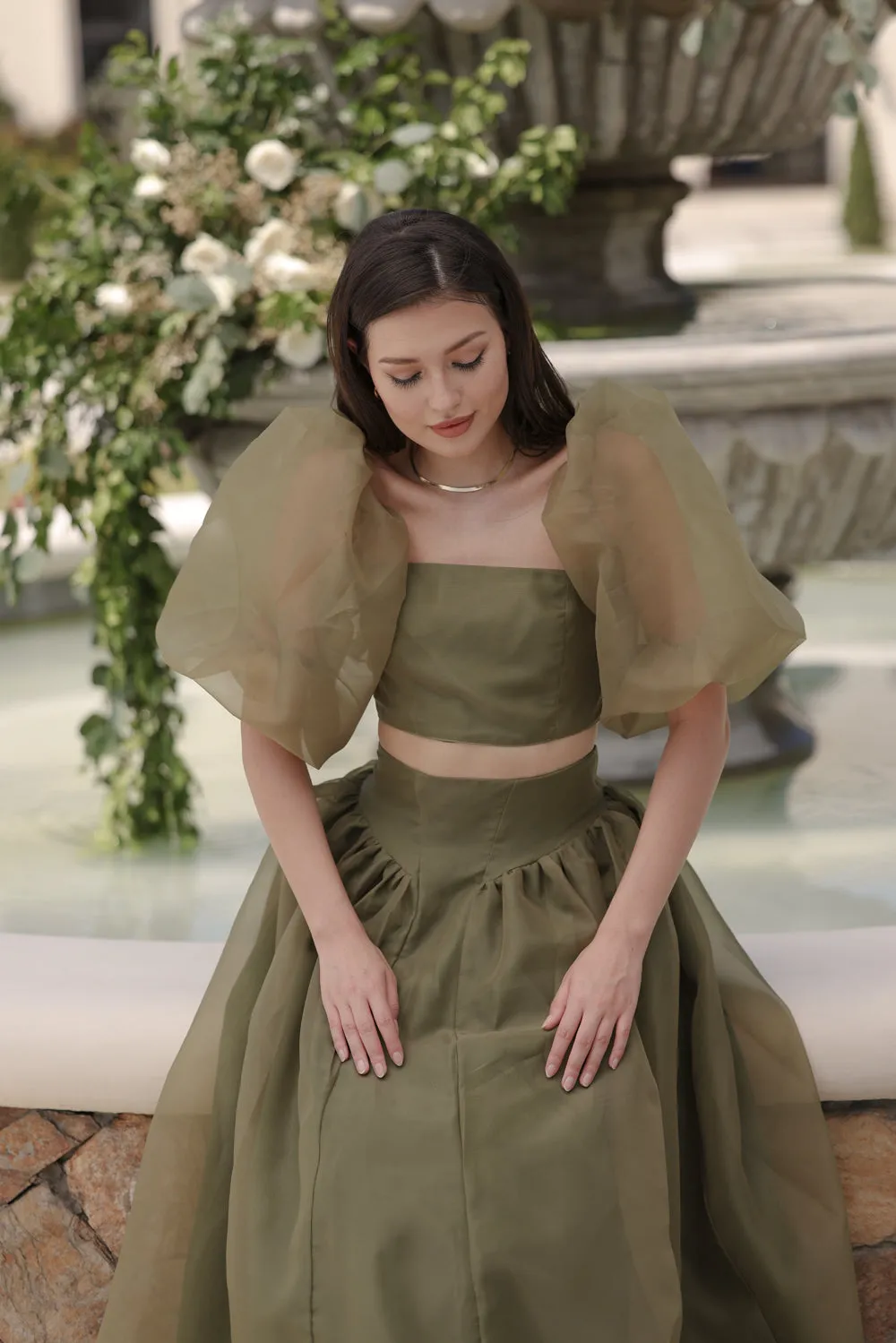 PERLITA SET Puff Sleeve Top with Baroque Style High Waist Maxi Skirt  (Olive Matte Organdy)