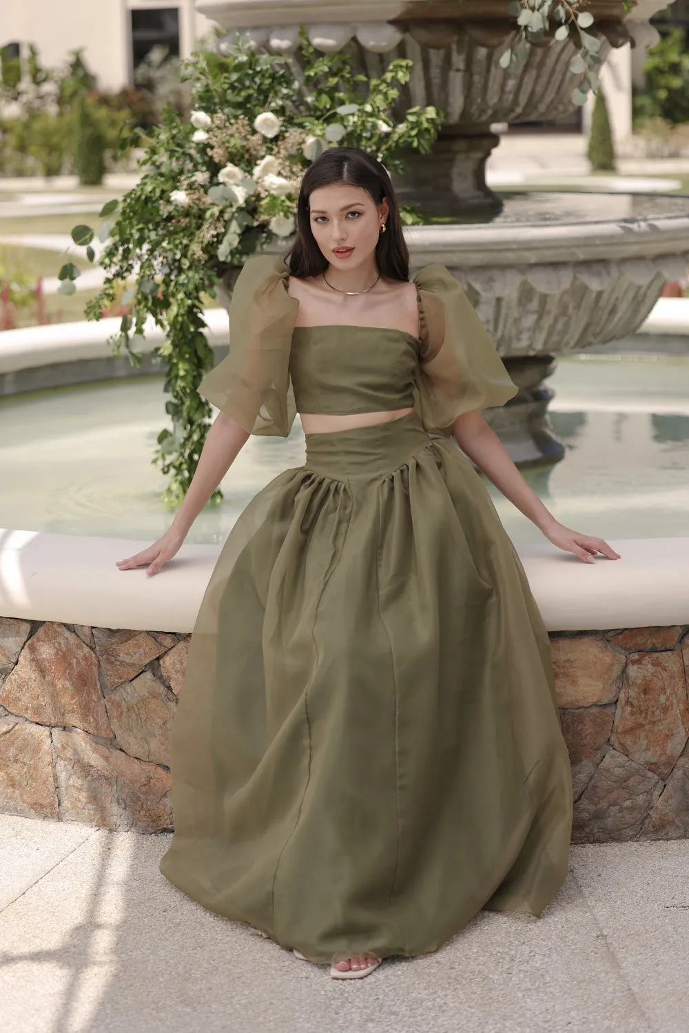 PERLITA SET Puff Sleeve Top with Baroque Style High Waist Maxi Skirt  (Olive Matte Organdy)