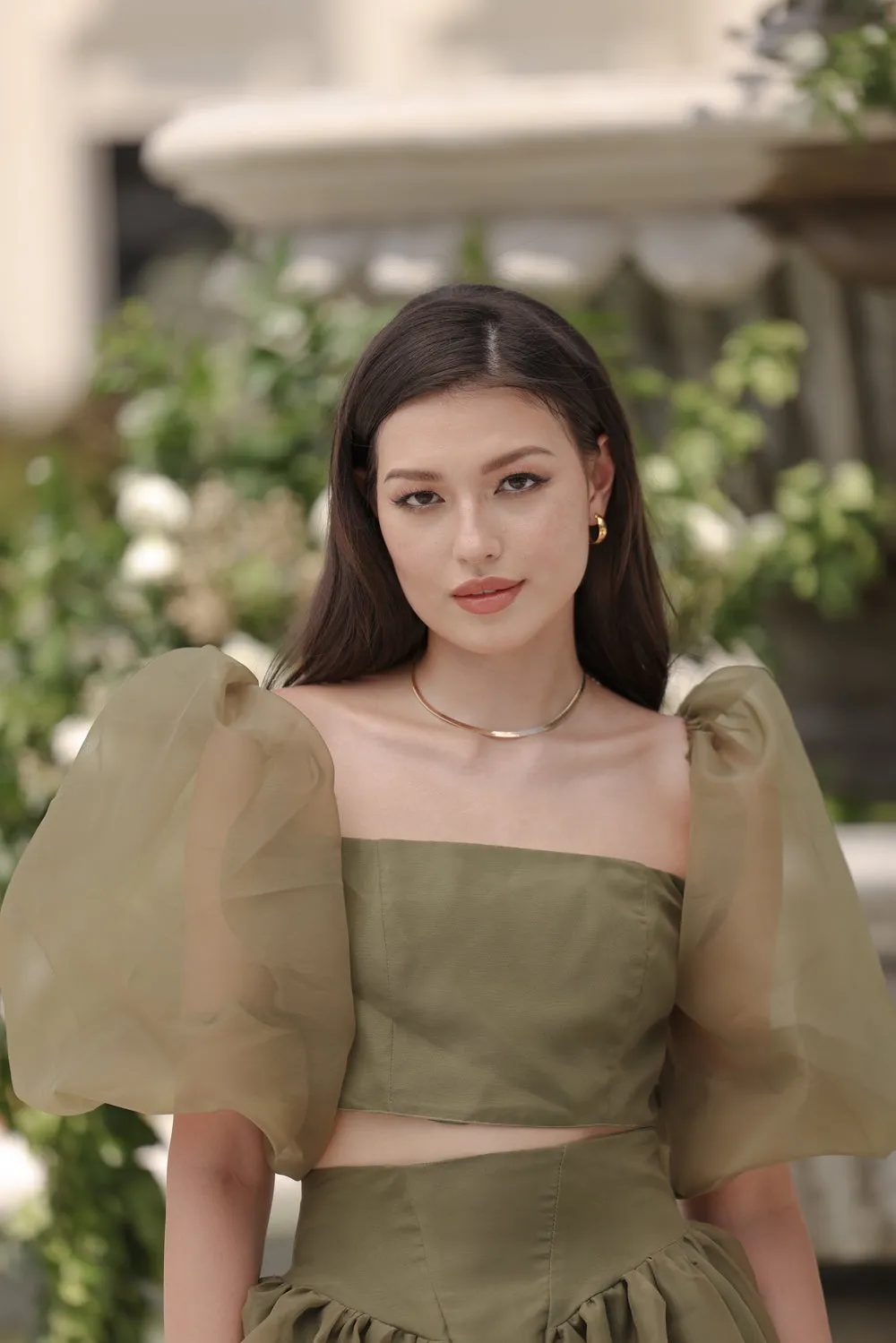 PERLITA SET Puff Sleeve Top with Baroque Style High Waist Maxi Skirt  (Olive Matte Organdy)