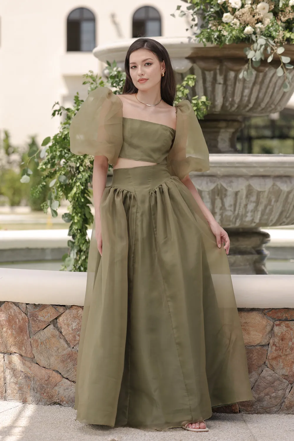 PERLITA SET Puff Sleeve Top with Baroque Style High Waist Maxi Skirt  (Olive Matte Organdy)