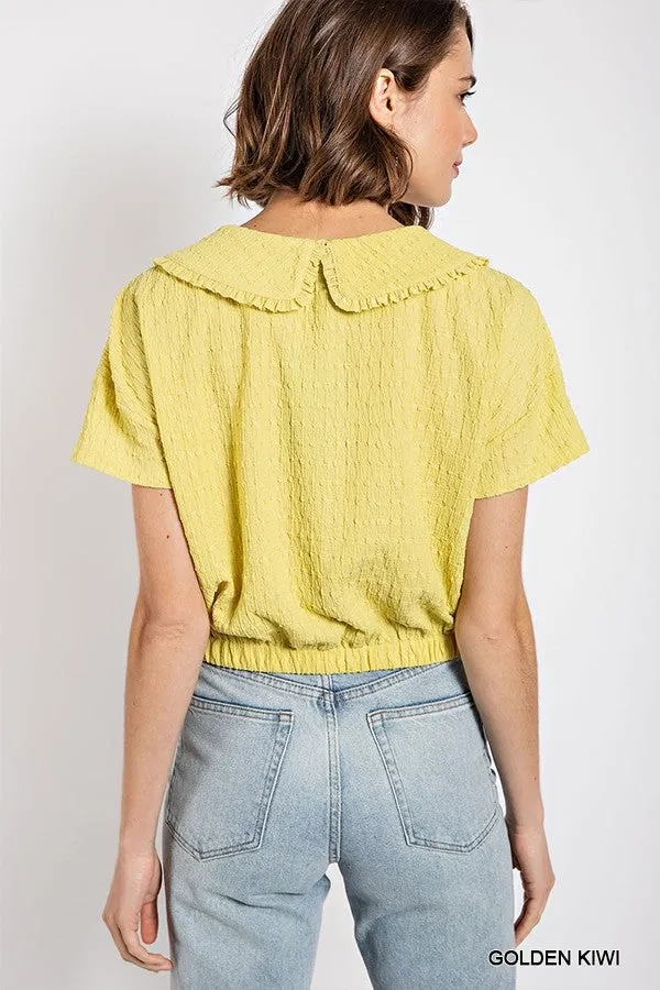 Petar Pan Collar Textured Knit Crop Top with Elasticized Hem, Golden Kiwi - Small