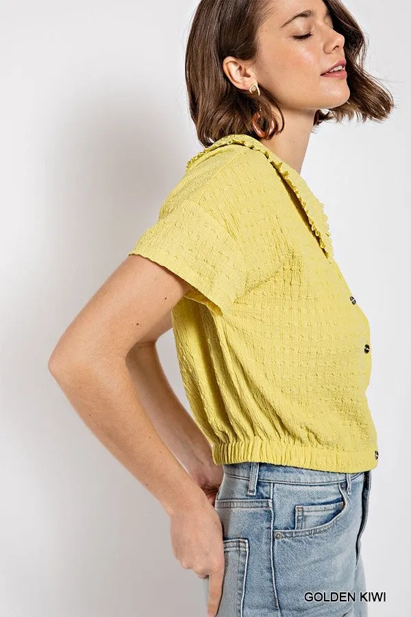 Petar Pan Collar Textured Knit Crop Top with Elasticized Hem, Golden Kiwi - Small