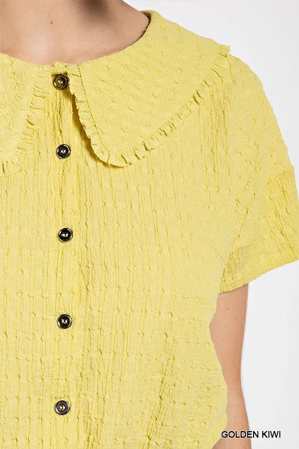 Petar Pan Collar Textured Knit Crop Top with Elasticized Hem, Golden Kiwi - Small