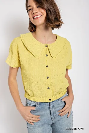 Petar Pan Collar Textured Knit Crop Top with Elasticized Hem, Golden Kiwi - Small