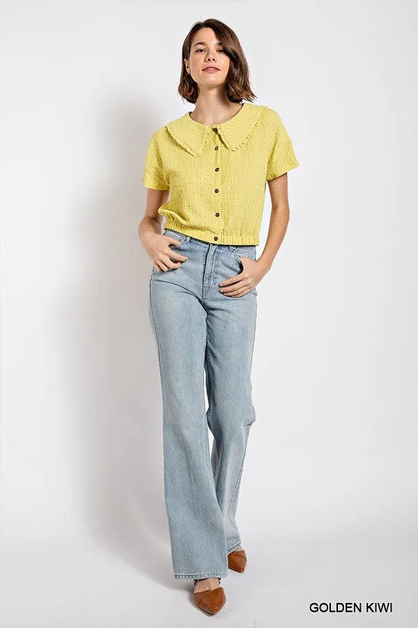 Petar Pan Collar Textured Knit Crop Top with Elasticized Hem, Golden Kiwi - Small
