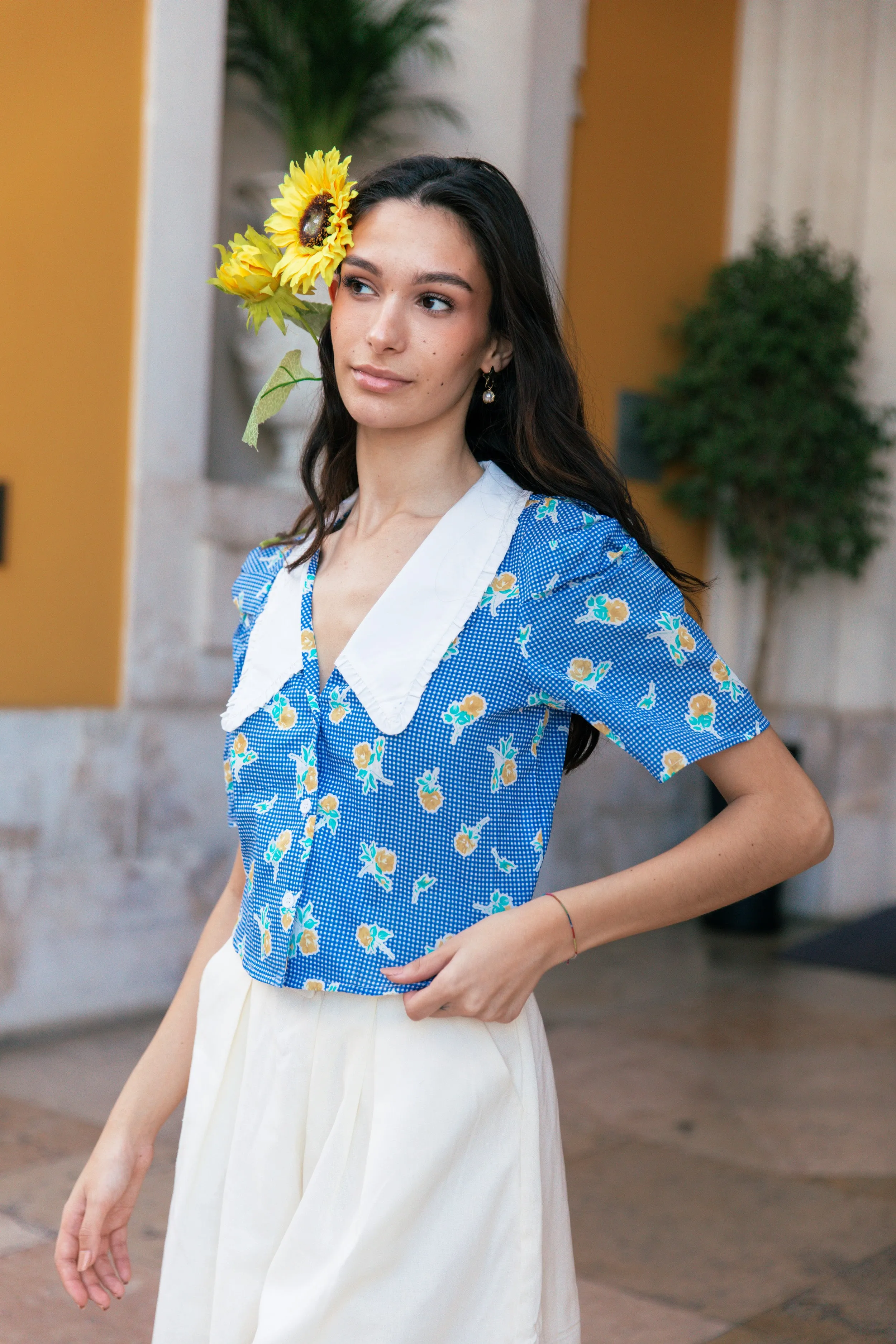 Peter Pan Collar Short Sleeve Gingham Floral Shirt