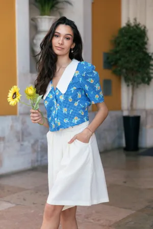 Peter Pan Collar Short Sleeve Gingham Floral Shirt