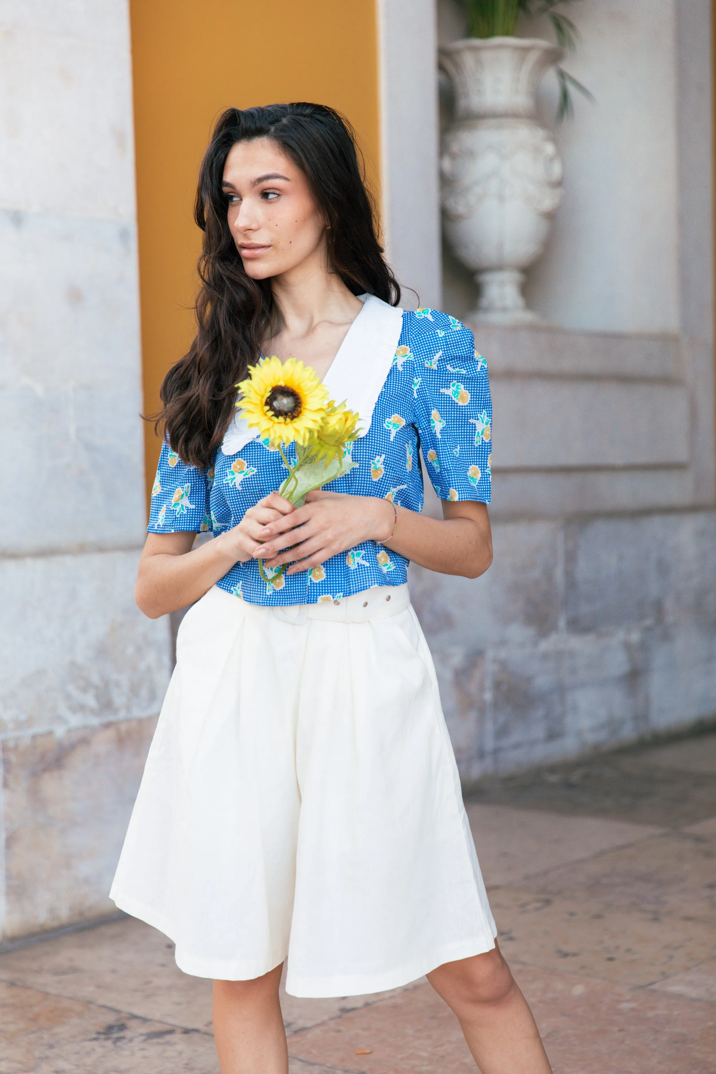 Peter Pan Collar Short Sleeve Gingham Floral Shirt