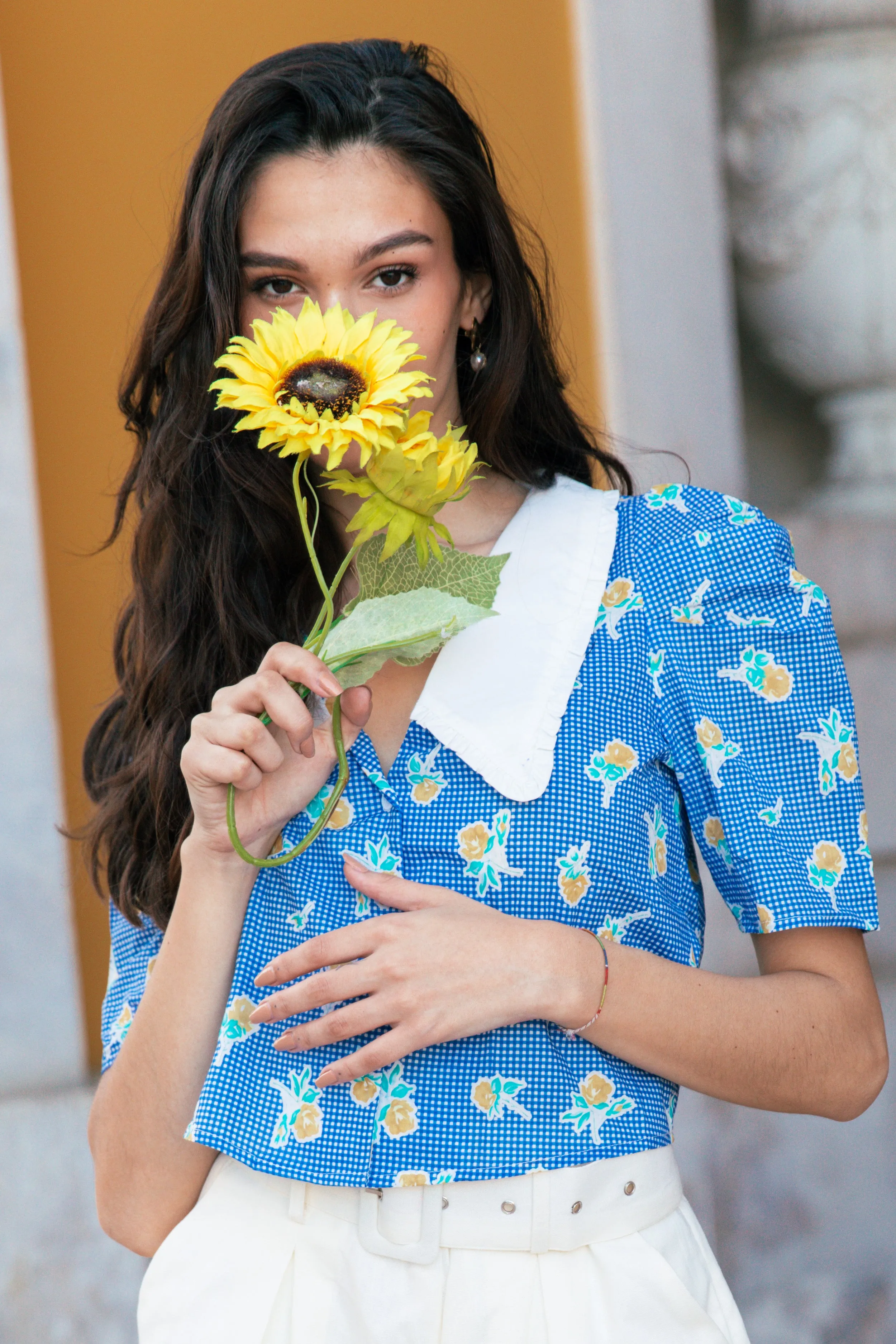 Peter Pan Collar Short Sleeve Gingham Floral Shirt