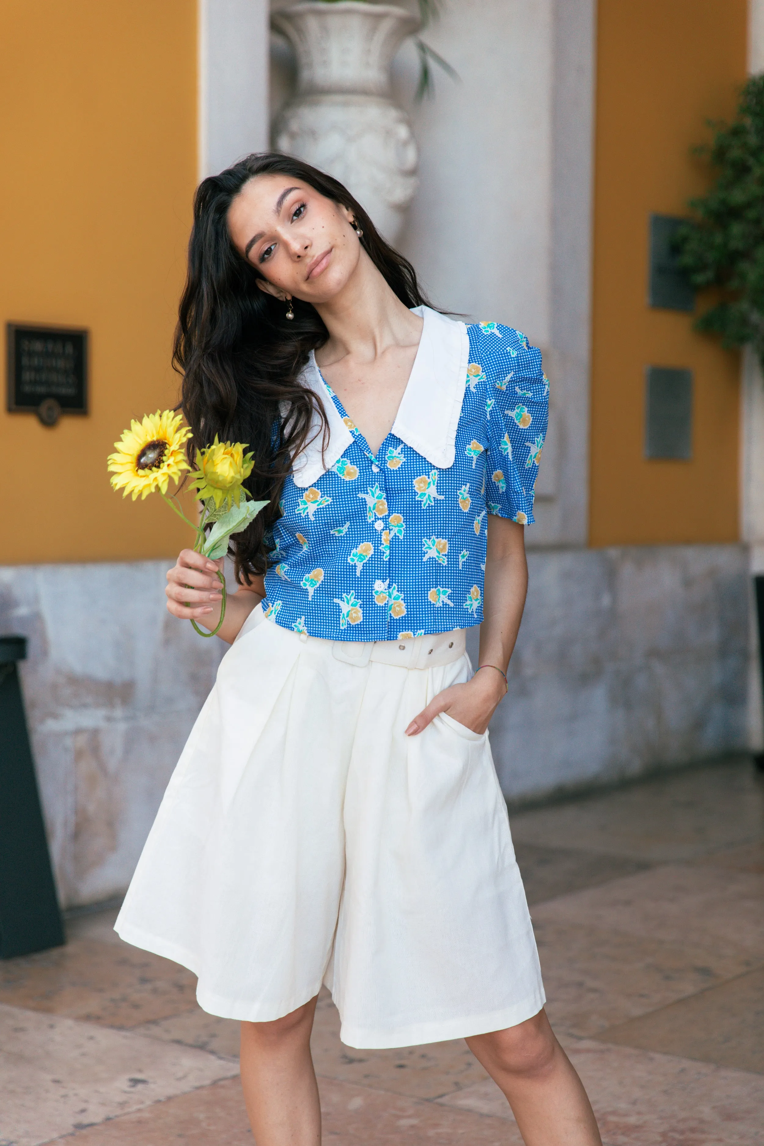 Peter Pan Collar Short Sleeve Gingham Floral Shirt