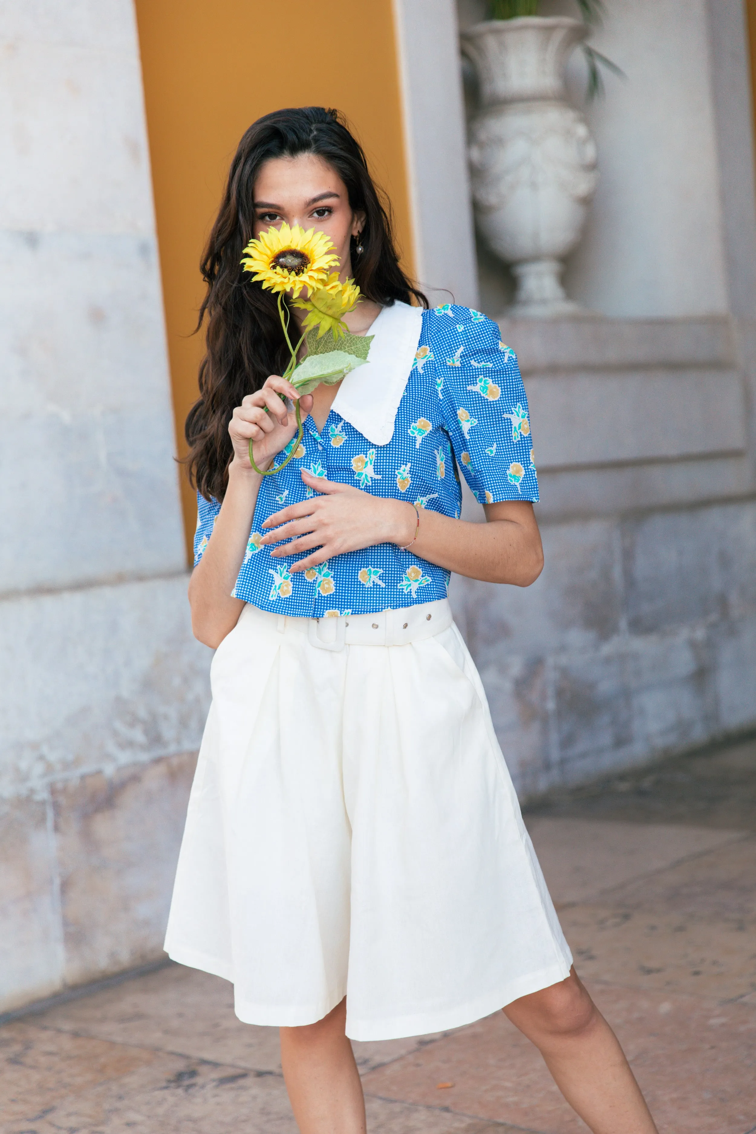 Peter Pan Collar Short Sleeve Gingham Floral Shirt