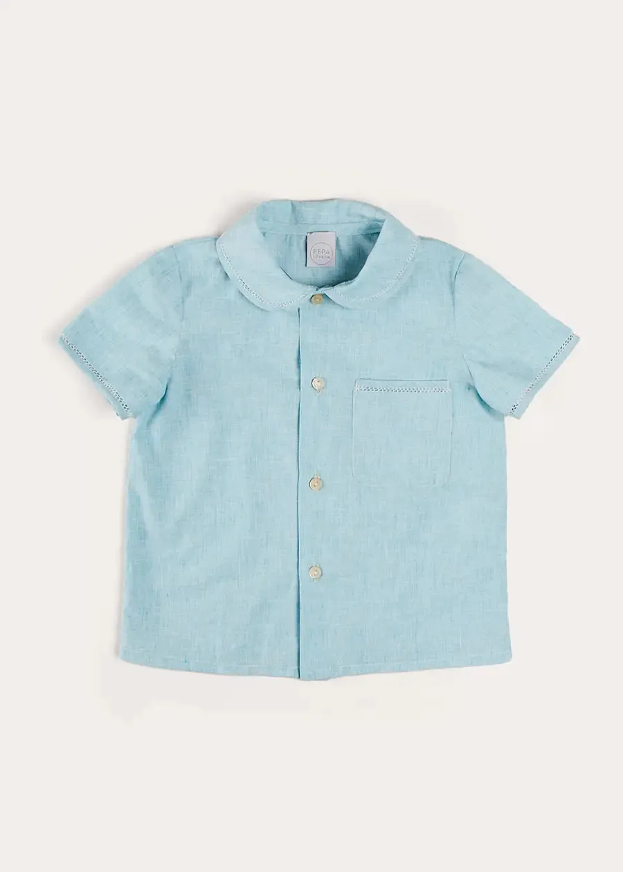 Peter Pan Collar Trim Detail Short Sleeve Shirt in Blue (12mths-5yrs)