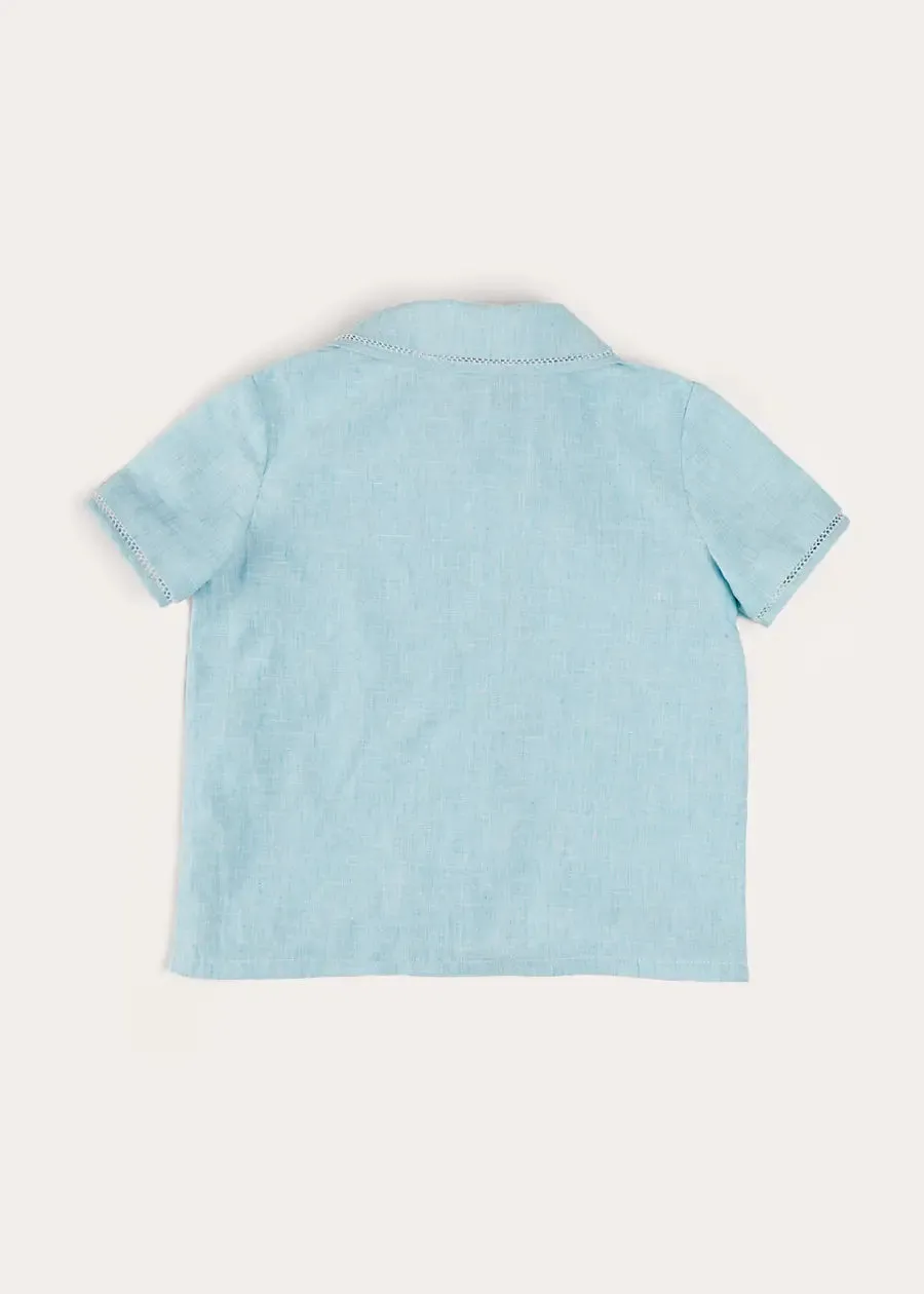 Peter Pan Collar Trim Detail Short Sleeve Shirt in Blue (12mths-5yrs)